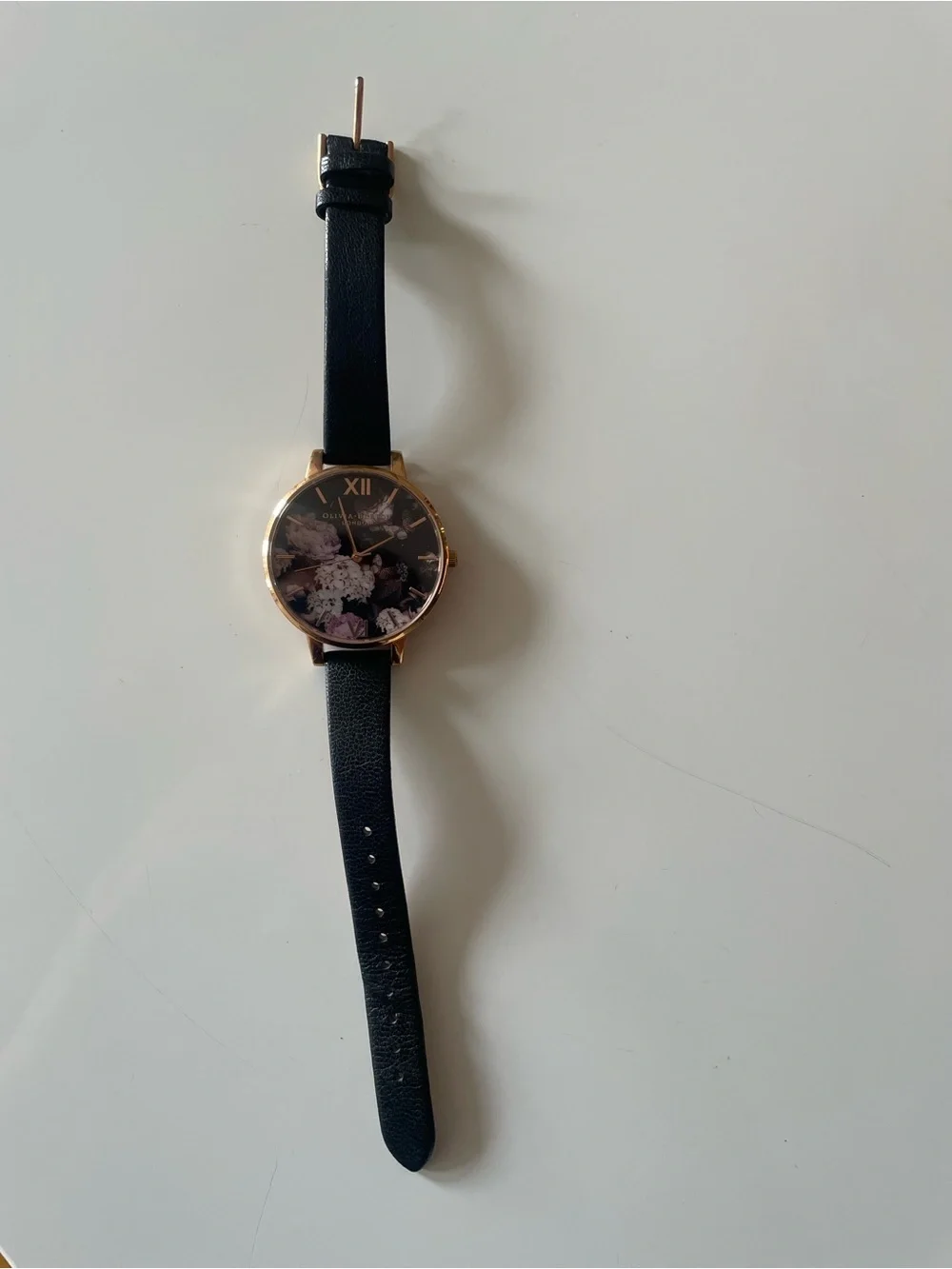 OLIVIA BURTON Rose Gold Floral Dial Black Strap Watch